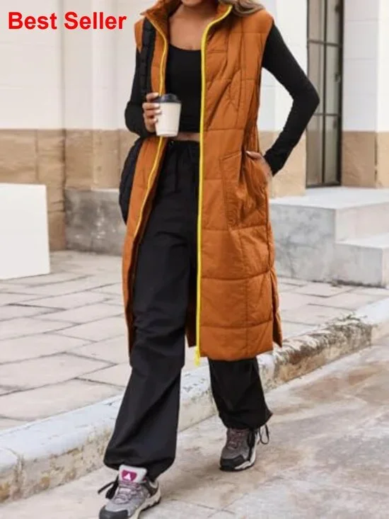 Long Quilted Puffer Vest Lightweight Sleeveless Packable Coat - Picture 3 of 5